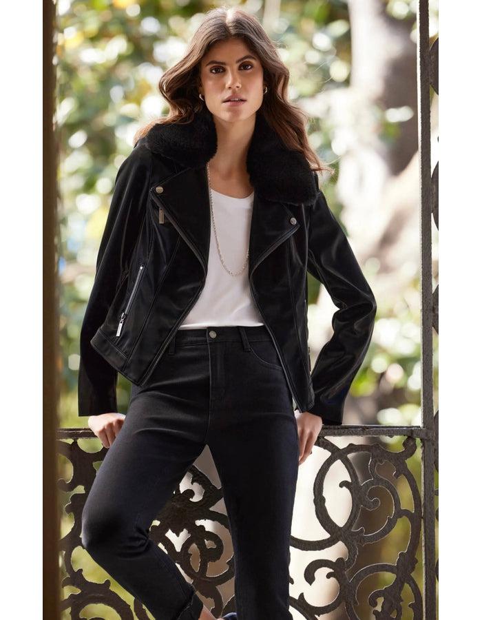 Black Fur Motto Jacket - Southern Muse Boutique
