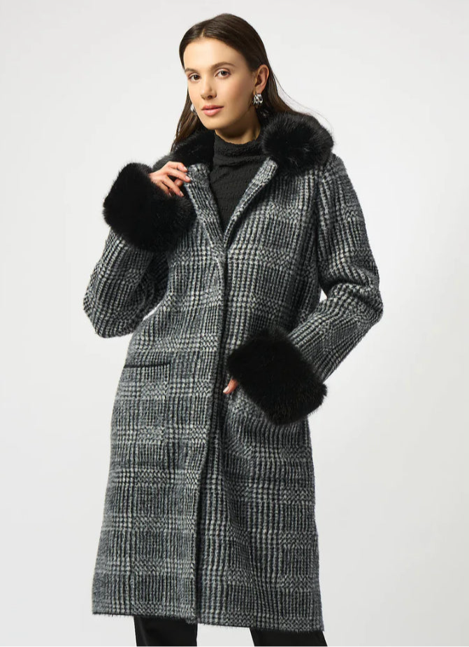 Plaid Coat With Faux Fur Collar and Cuff