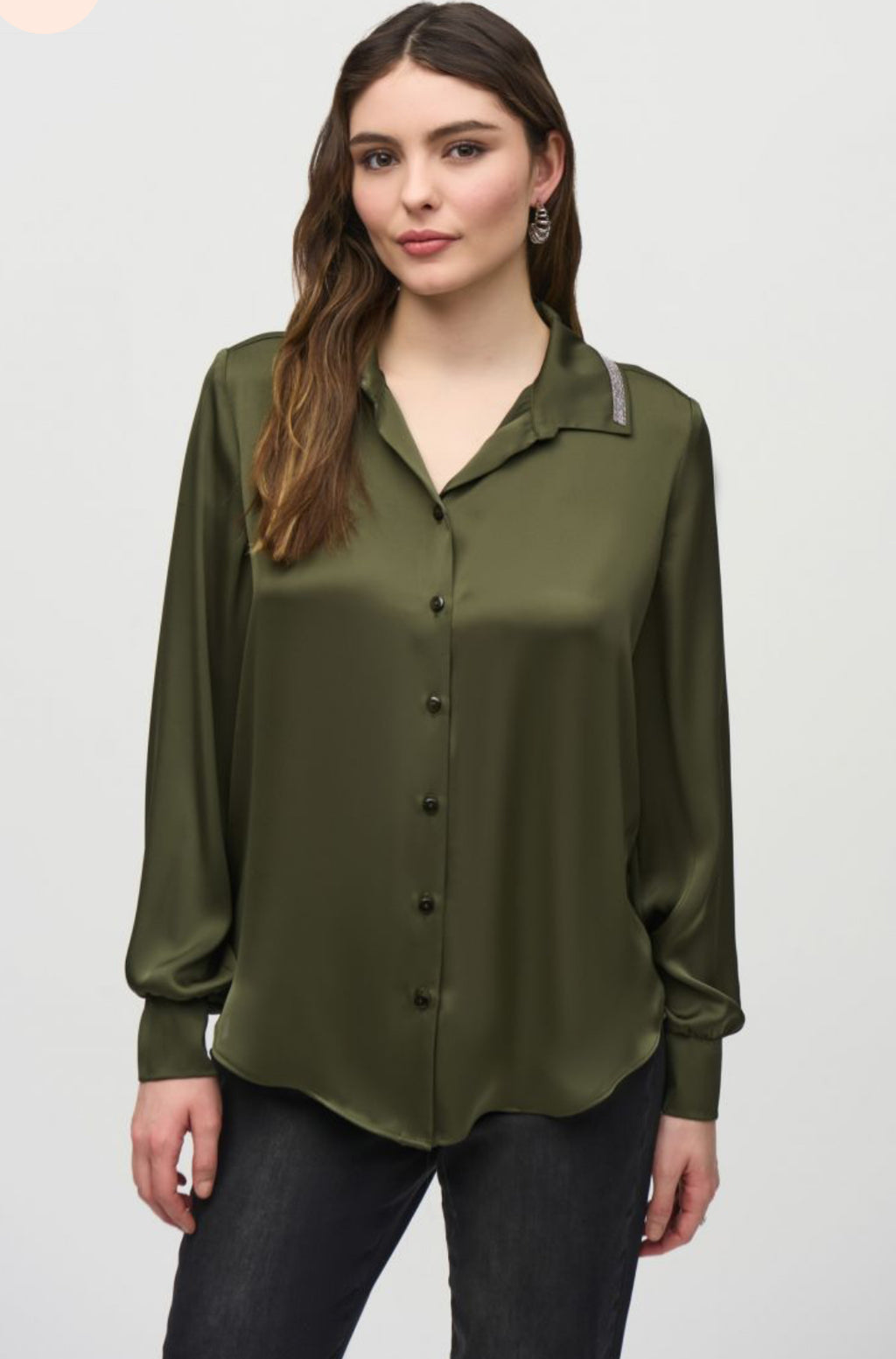 Olive Blouse with Crystal Collar