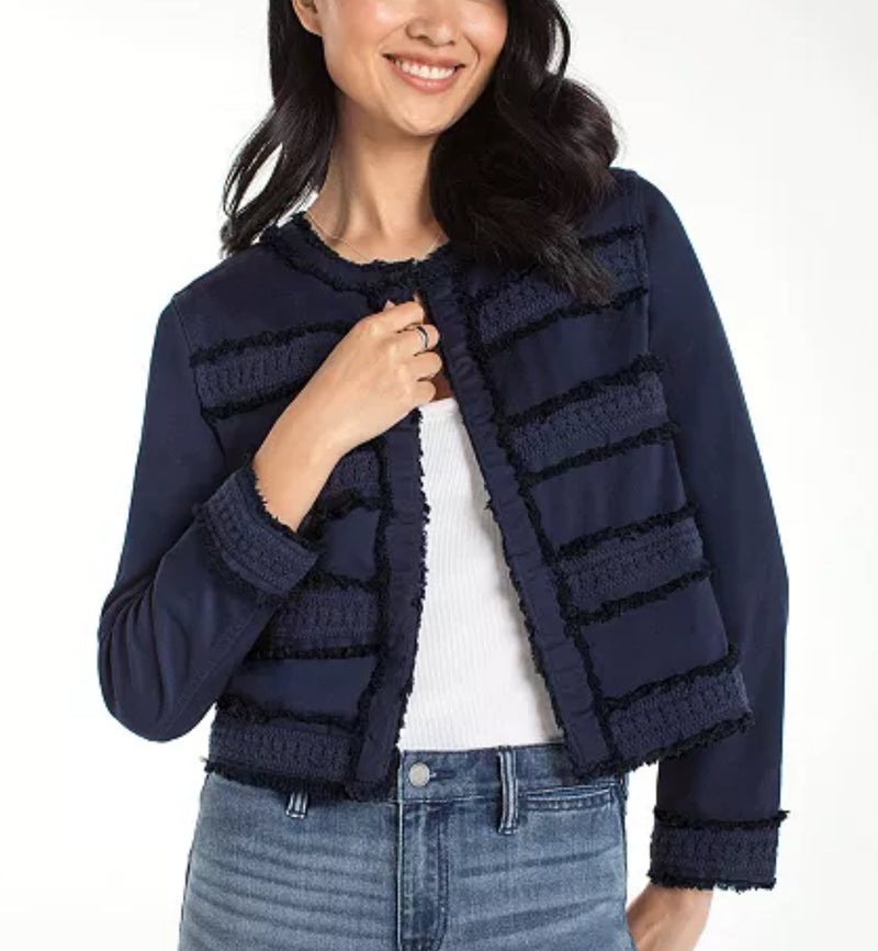 Collarless Jacket with Fray and Lace Detail