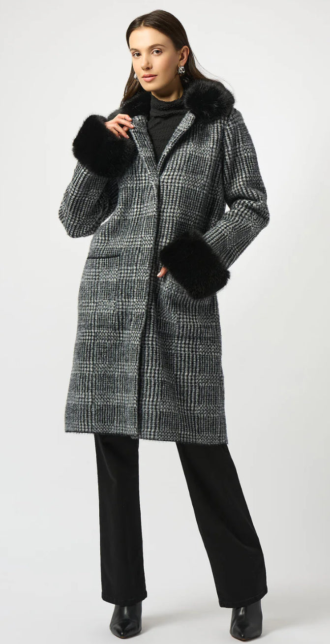 Plaid Coat With Faux Fur Collar and Cuff