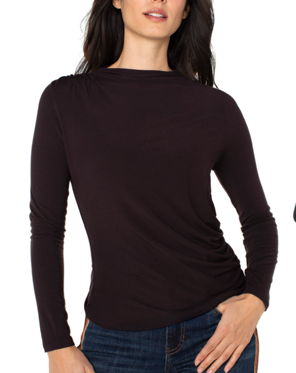 Long Sleeve Mock Neck Knit Top W/ Shirring