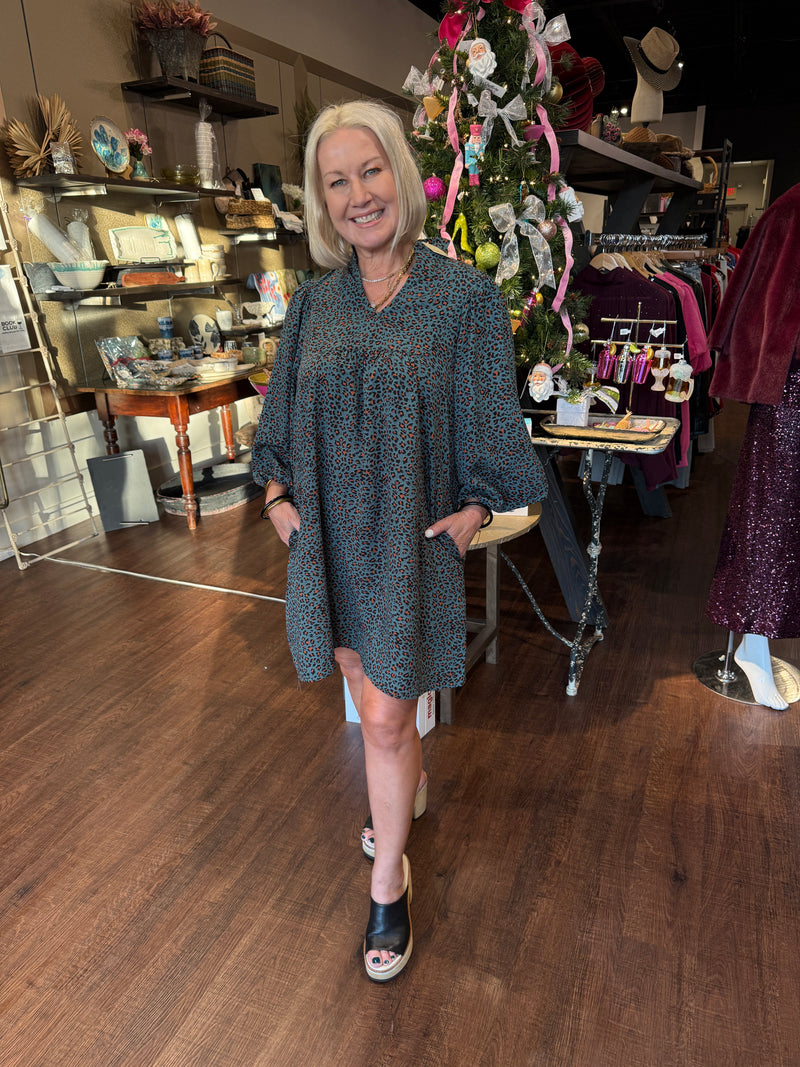 Teal Leopard Print Dress