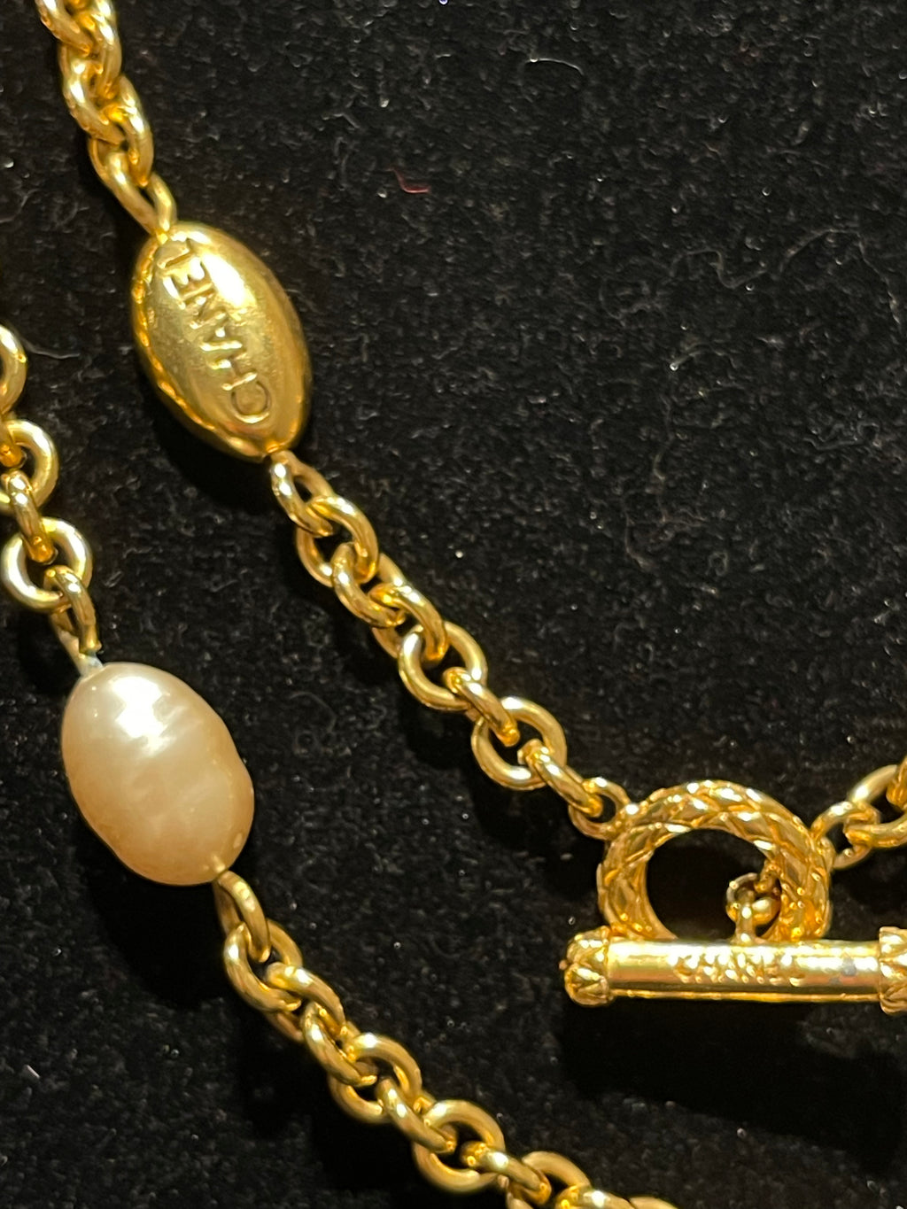 Chanel Long  Faux Pearl Logo Necklace