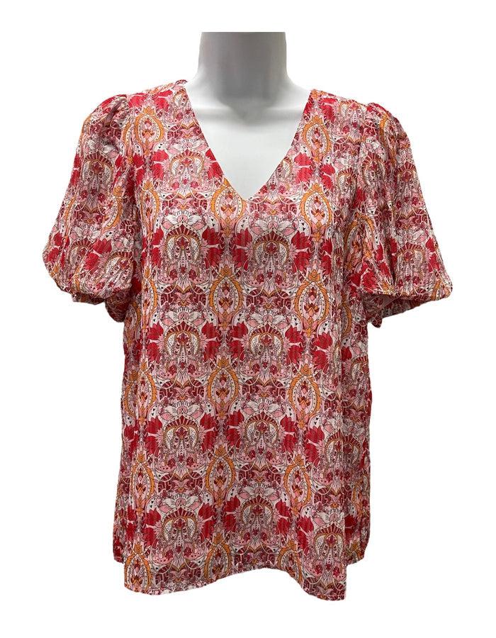 Print V Neck Puff Sleeve Top - Southern Muse Boutique