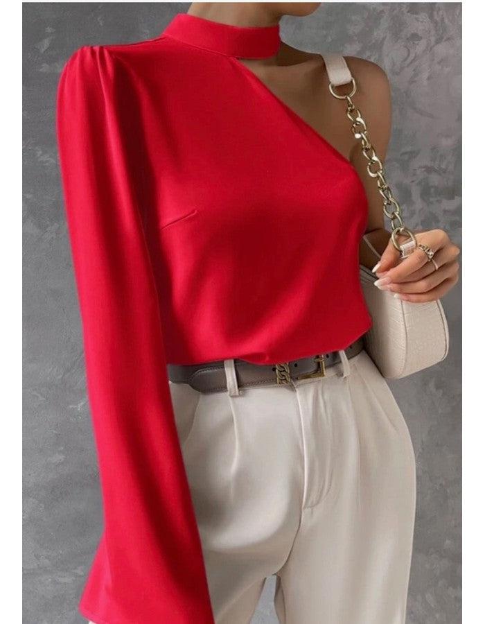 Red One Shoulder Blouse - Southern Muse Boutique